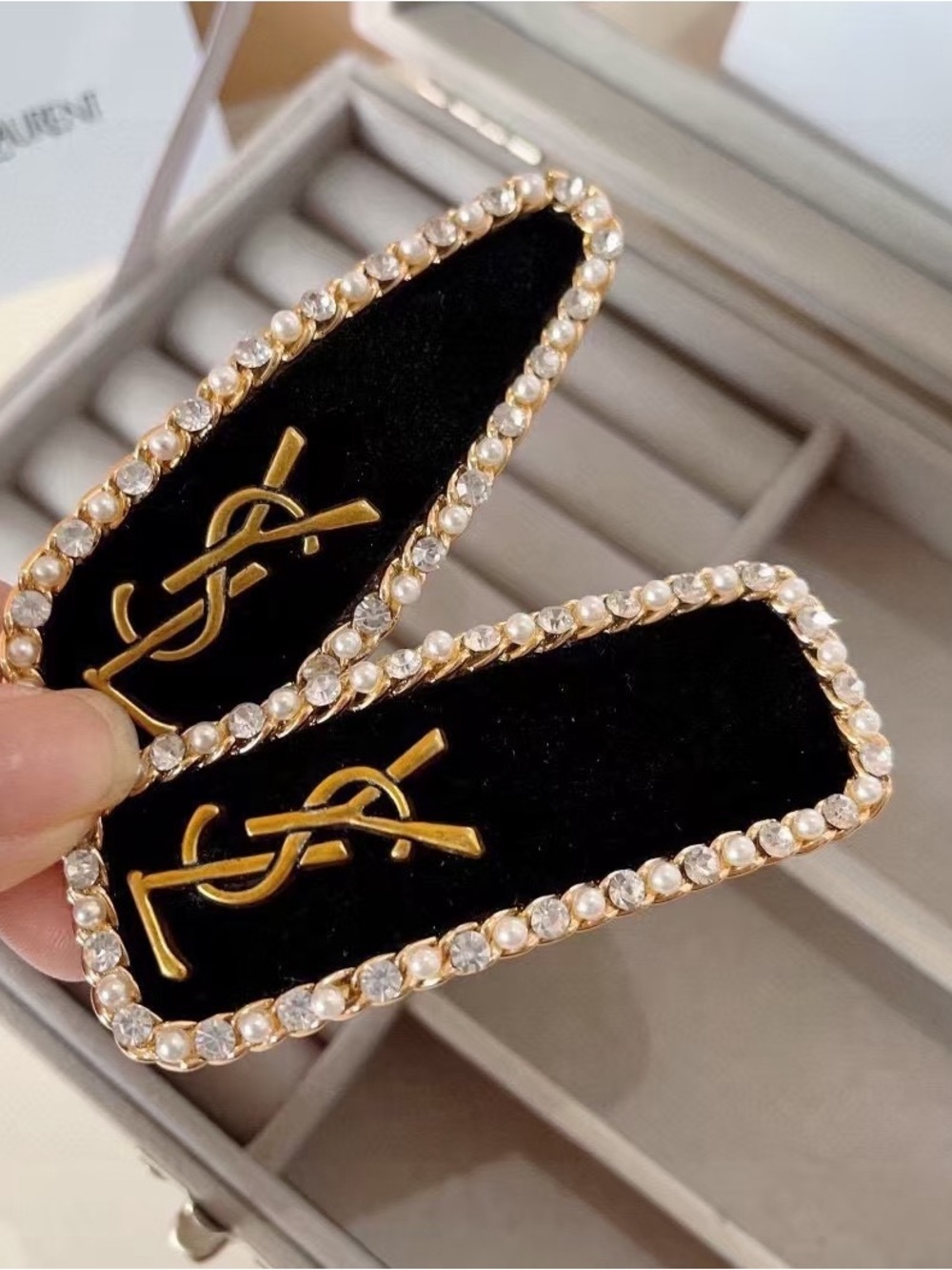 Black Velvet Hair Clips with Gold Logo and Crystal Trim
